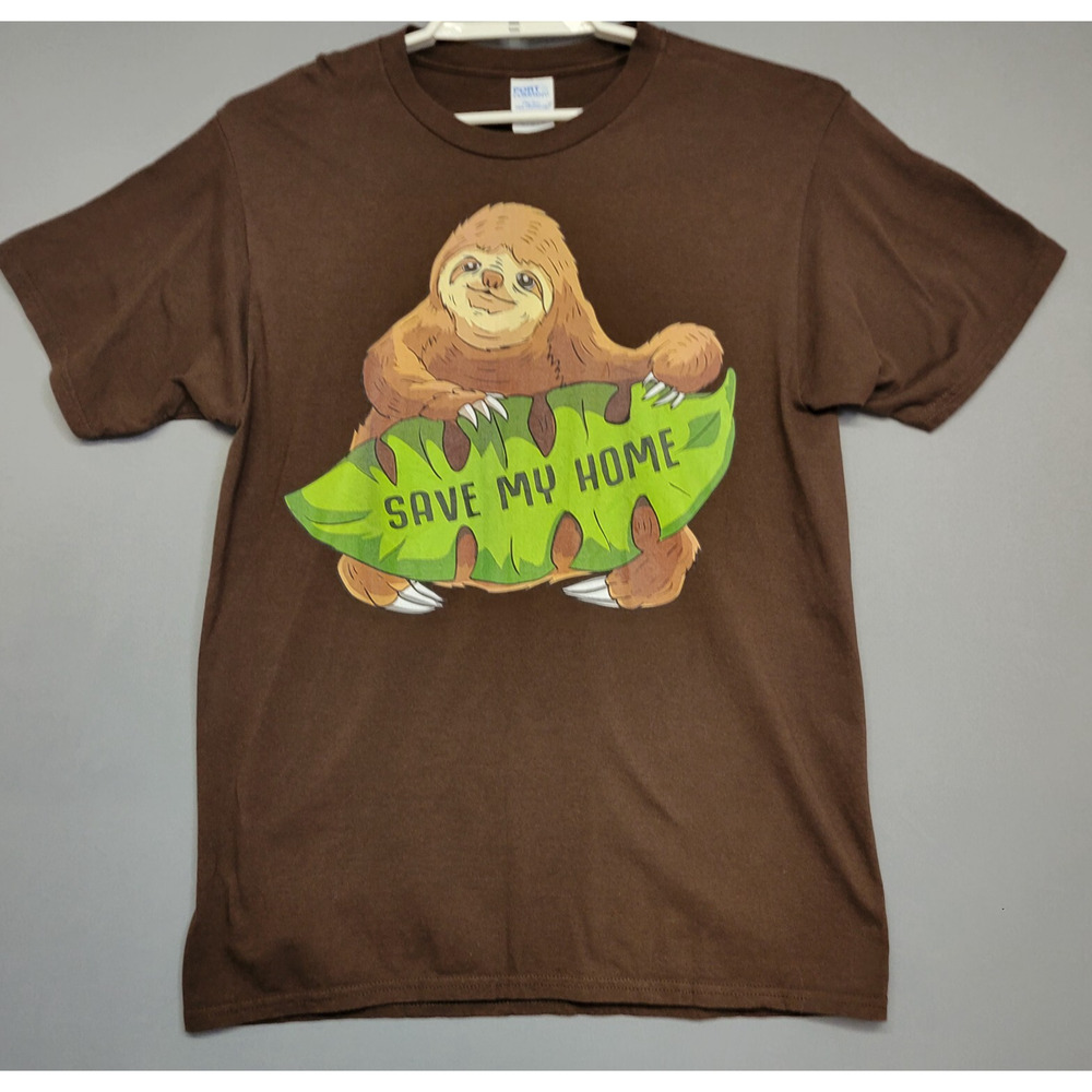 Sloth Graphic Tee T-shirt Mens Medium Brown‎ Port & Company Ring Spur Cotton